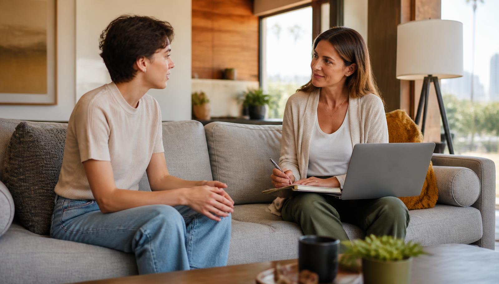 A counselor talking with a young adult about detox options in a Los Angeles living room